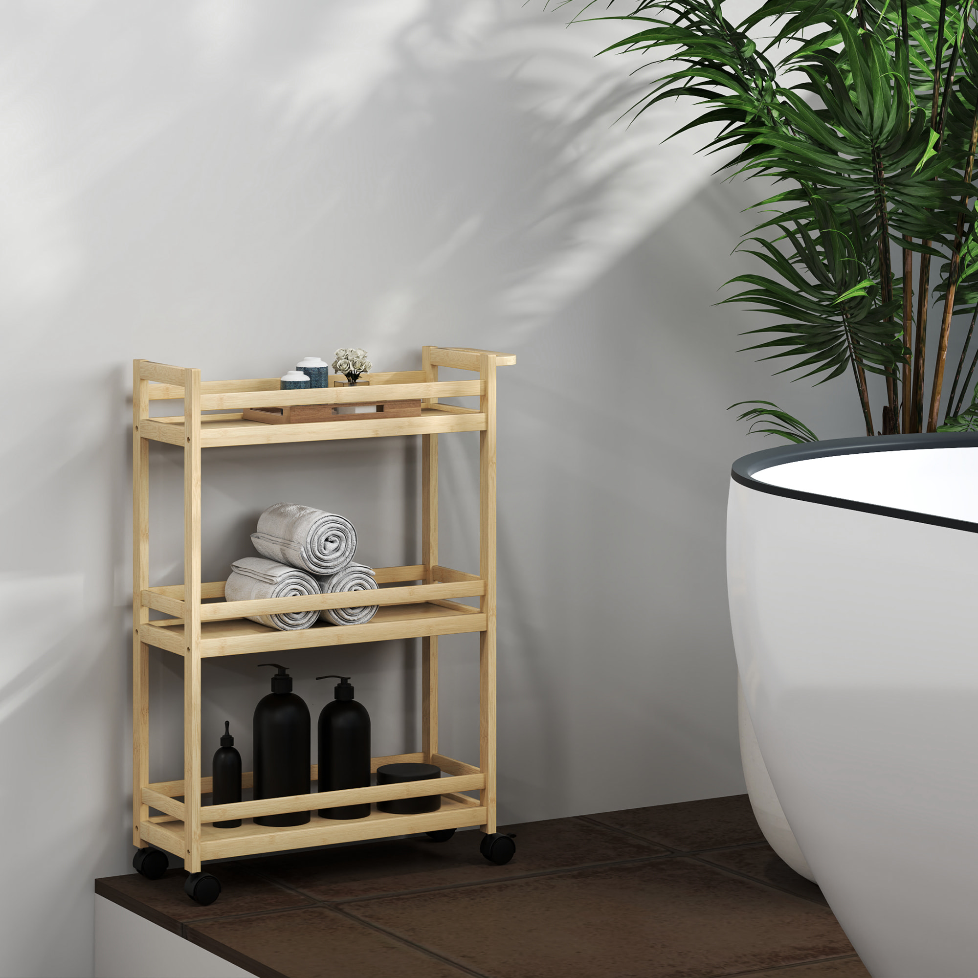 Desserte salle de bain style cosy bambou verni 3 étagères, poignée, 4 roulettes pivotantes