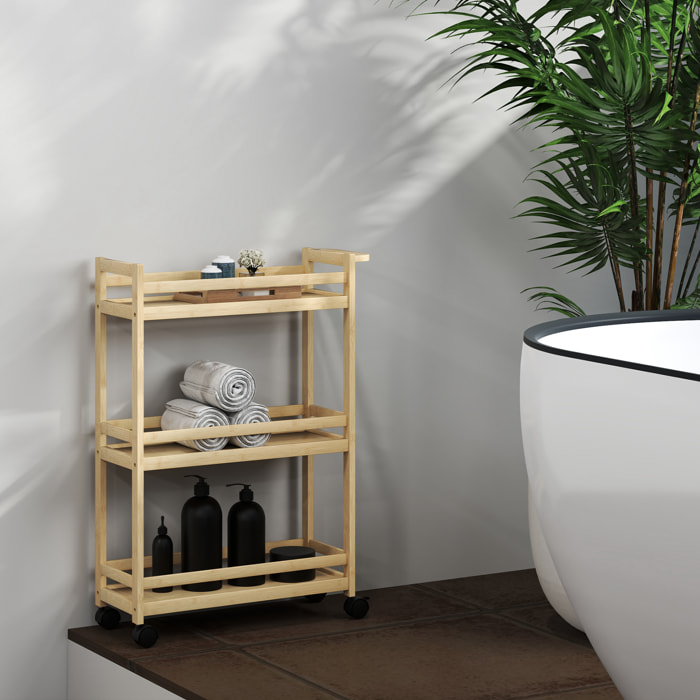 Desserte salle de bain style cosy bambou verni 3 étagères, poignée, 4 roulettes pivotantes