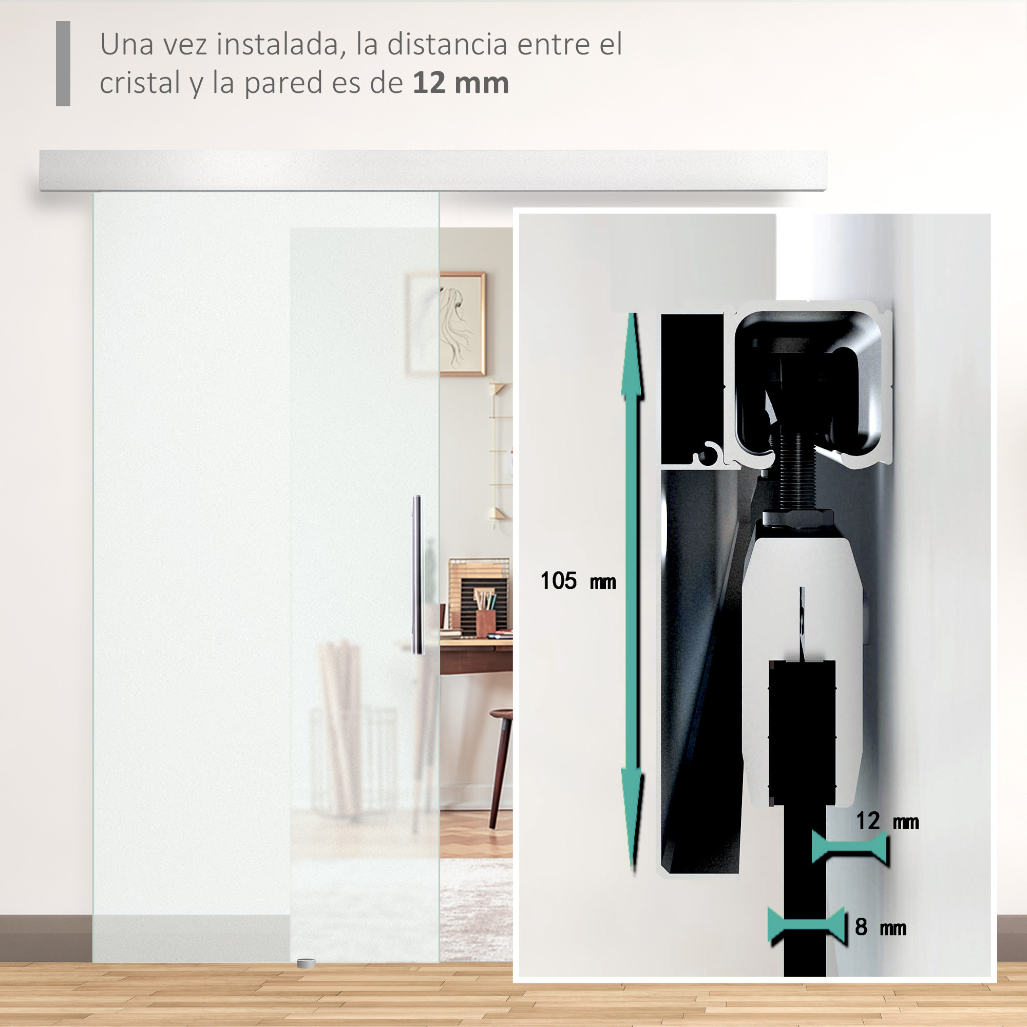 Puerta Corredera 102,5x205 cm Puerta Corrediza de Cristal con Riel Silenciosa para Sala de Estar Comedor Translúcido