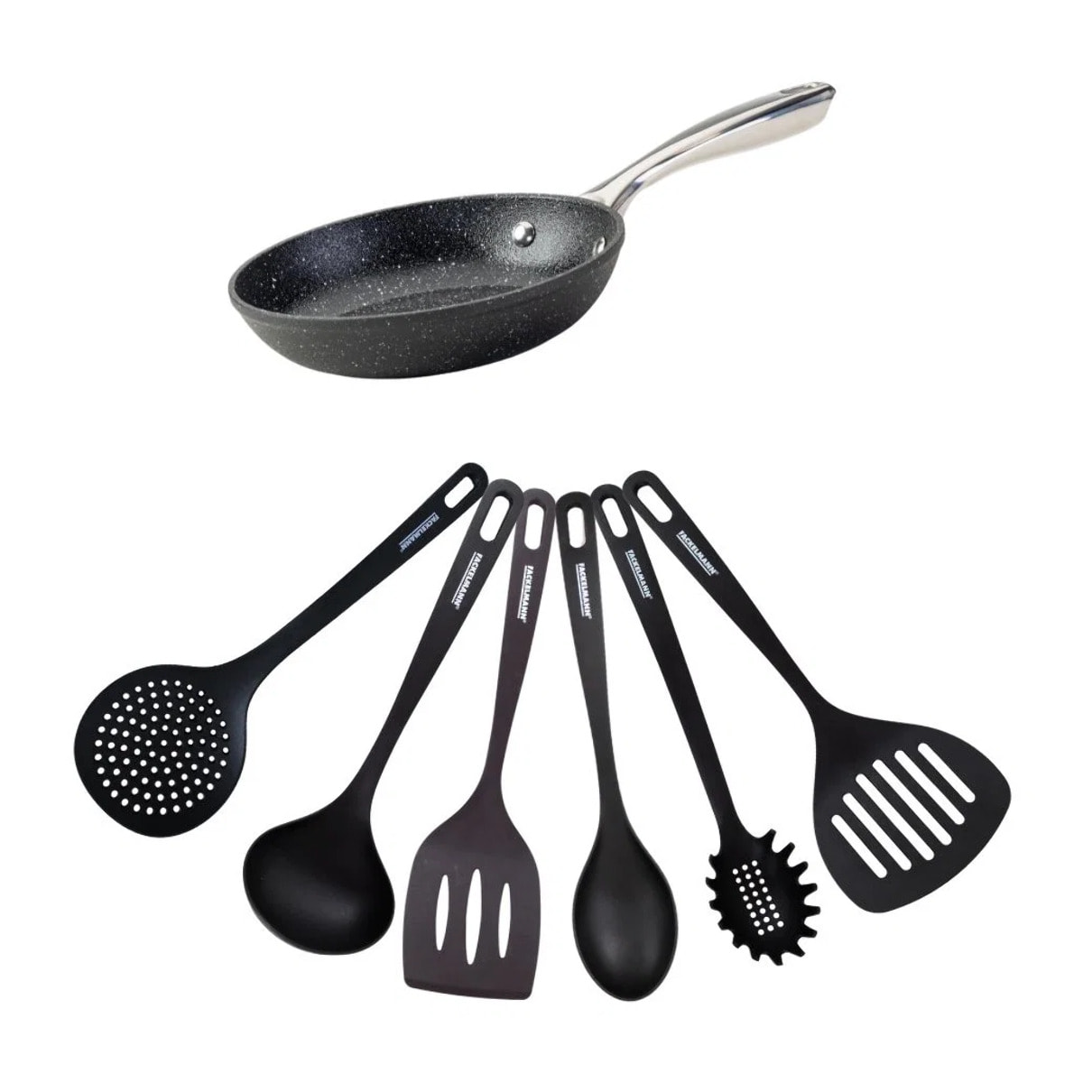 Set poêle 20 cm fonte alu revêtement antiadhésif céramique sans PFAS et 6 ustensiles inox Fackelmann Crossroad