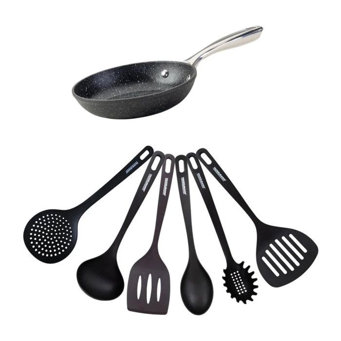 Set poêle 20 cm fonte alu revêtement antiadhésif céramique sans PFAS et 6 ustensiles inox Fackelmann Crossroad
