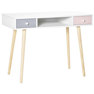 Bureau enfant style scandinave avec tiroir et compartiment de rangement 100L x 48l x 76,5H cm MDF et pin blanc gris et rose