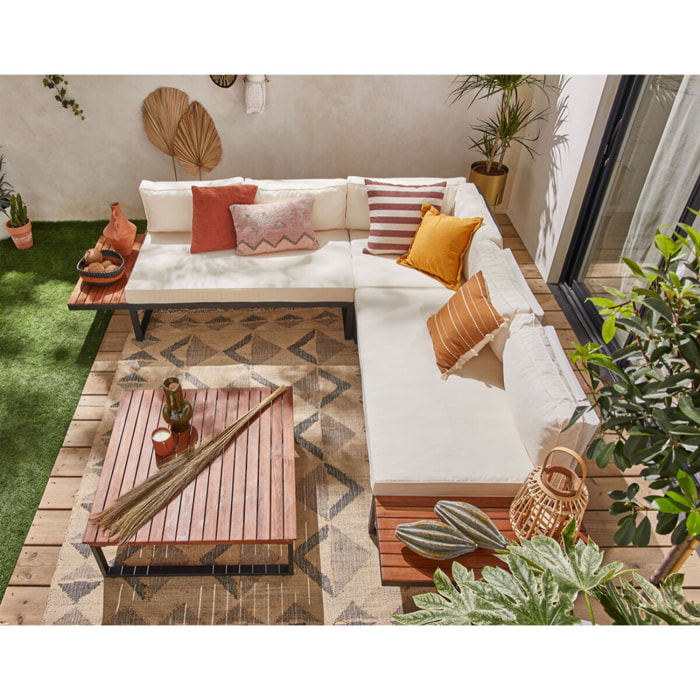 Yulara - salon bas d'angle de jardin 5 places - bois, métal et coussins beiges - Noir / Bois / Beige