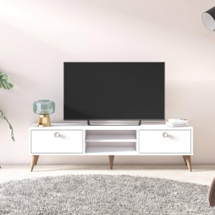 Mobile da soggiorno porta TV con due antine e due vani centrali, cm 152 x 35 x 40, colore bianco