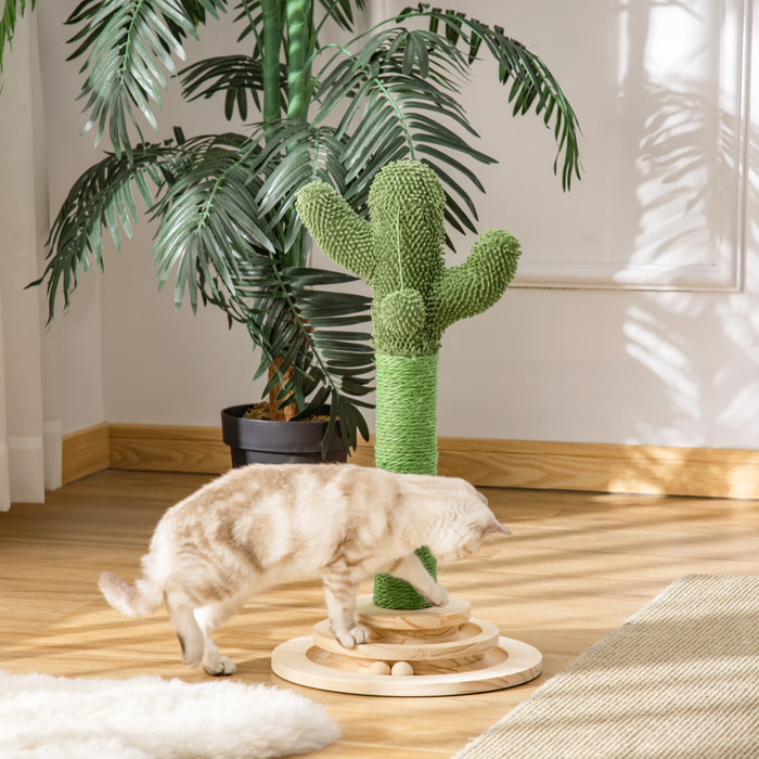 Poste Rascador para Gatos en Forma de Cactus Pequeño árbol Rascador para Gatos con Poste de Sisal y Felpa Pelota Colgante y Base con Juego de Madera 32x32x60 cm Verde