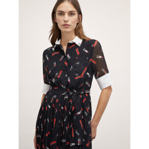 Motivi - Vestido camisero de georgette con estampado lipstick - Negro