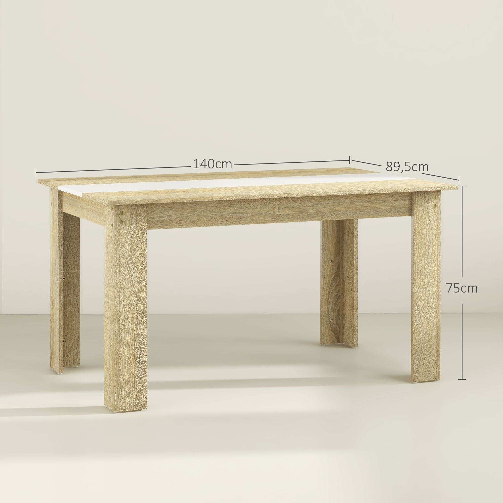 Table à manger rectangulaire 6 personnes - dim. 140L x 90l x 75H cm - aspect chêne clair blanc