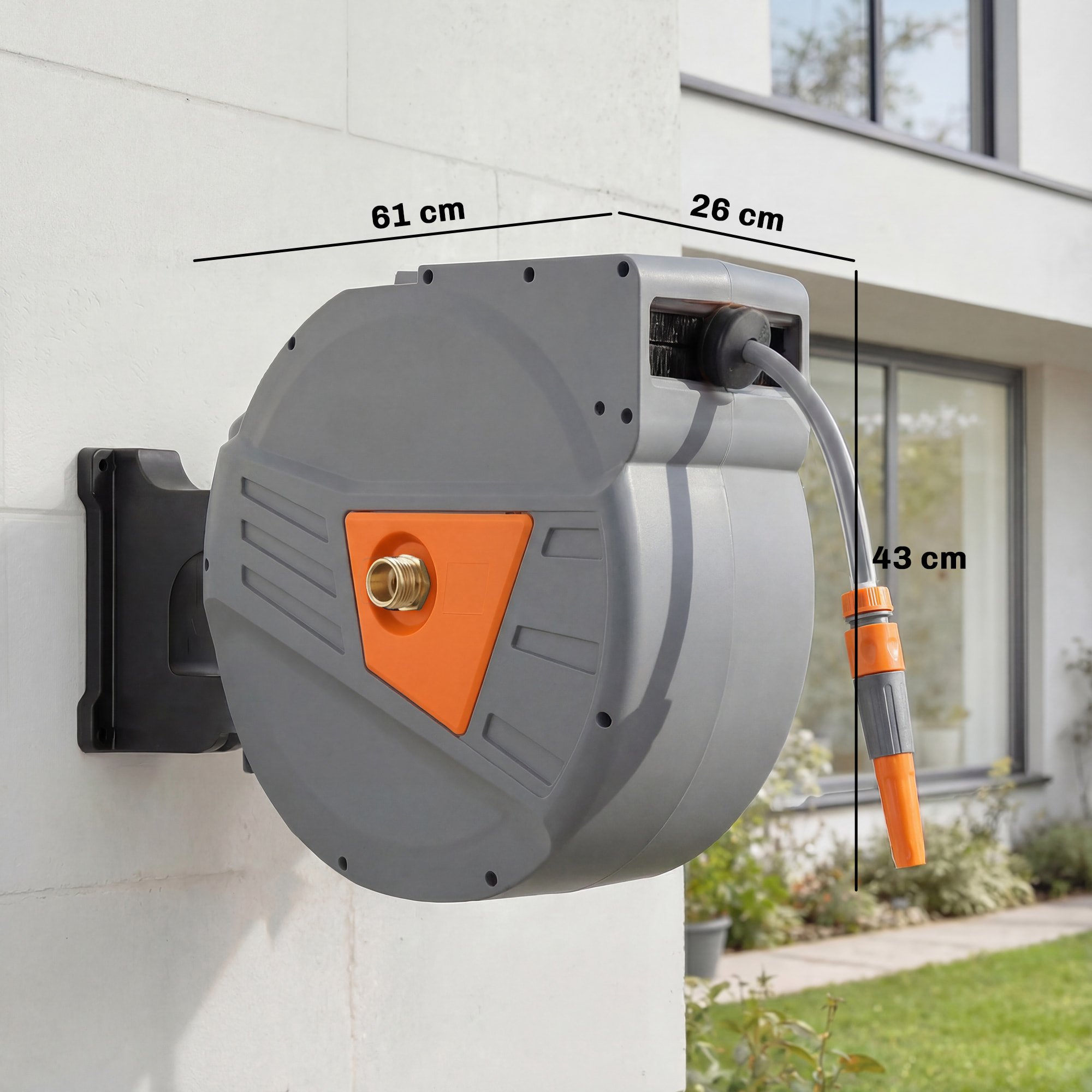 Dévidoir mural enrouleur automatique pivotant 180° tuyau 40 + 2 m avec lance arrosage 2 modes support mural intégré orange gris