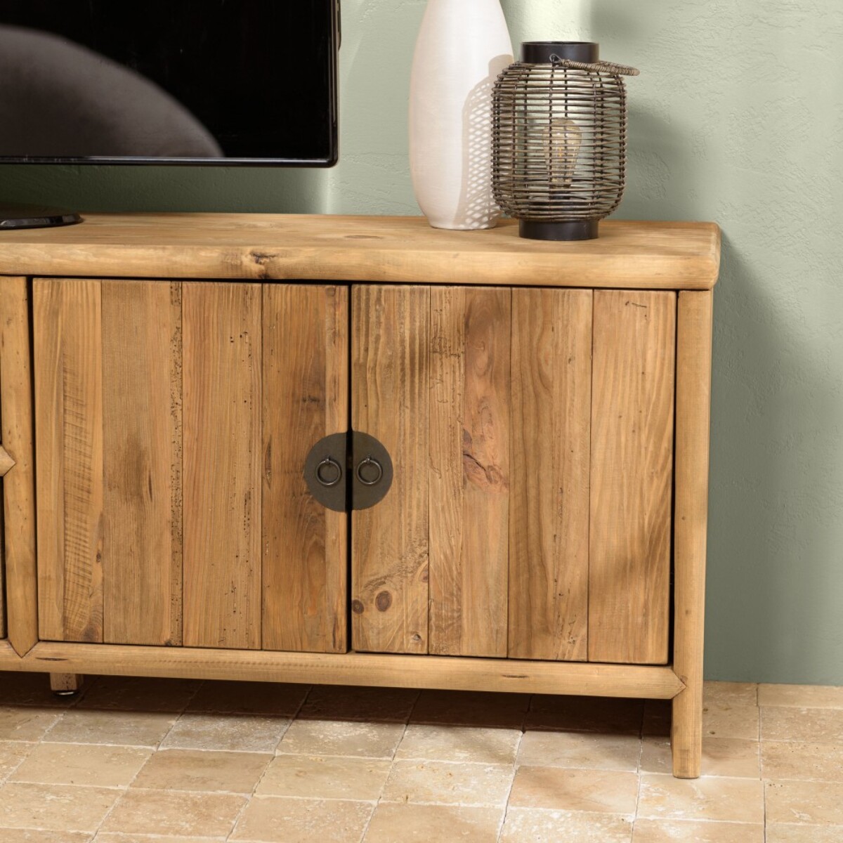 SANDY - Meuble TV 2 tiroirs 4 portes, longueur 240cm bois pin recyclé