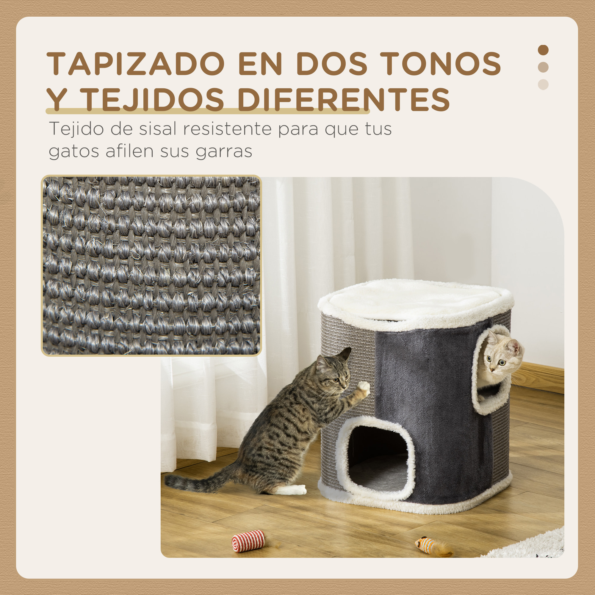 Barril Rascador para Gatos 2 Niveles con Cuevas de Sisal Felpa 40x40x49 cm Gris