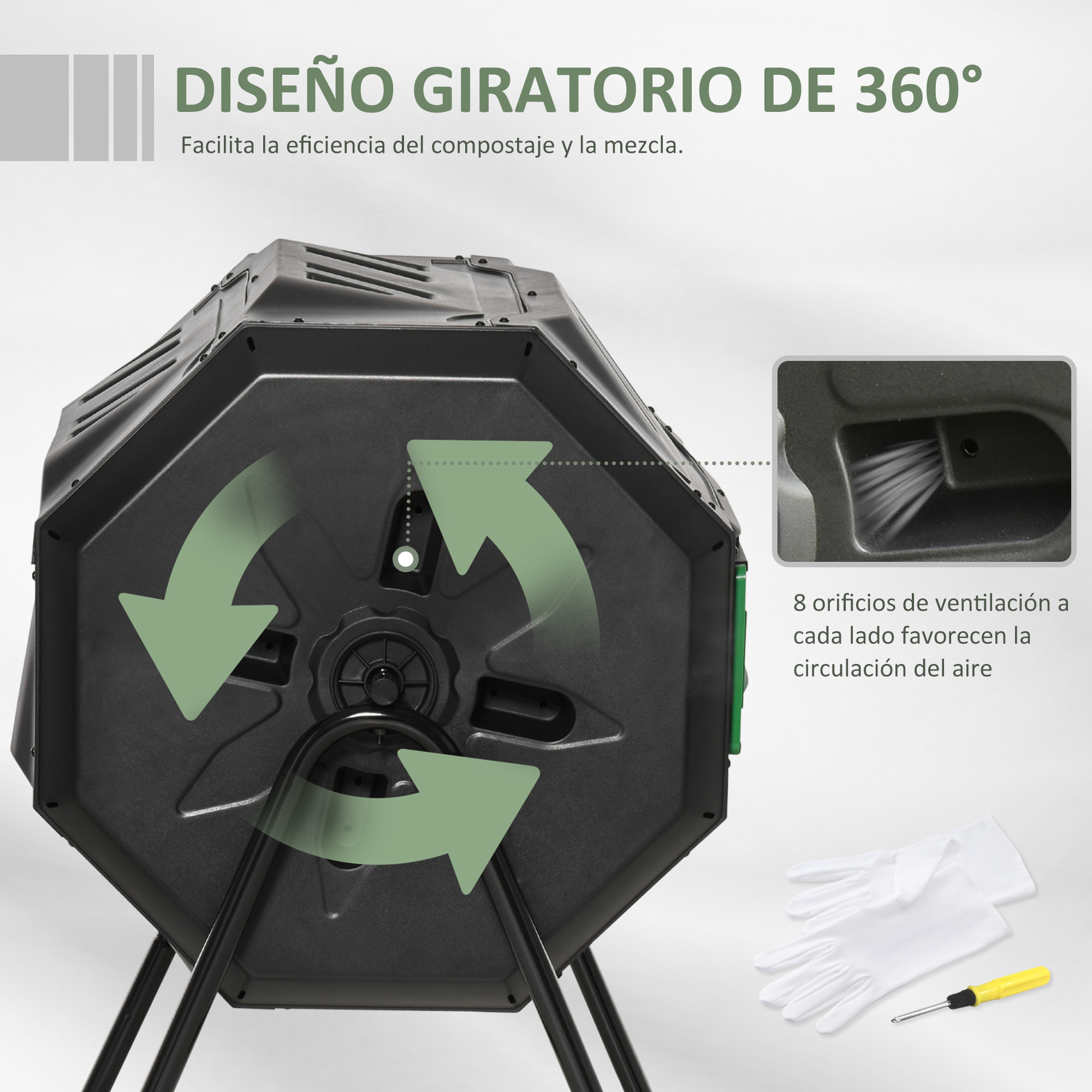 Compostador Giratorio de 160L Contenedor de Compostaje de Jardín de Doble Cámara Compostadora con Aberturas de Ventilación y Patas de Acero 71x65x96 cm Negro y Verde