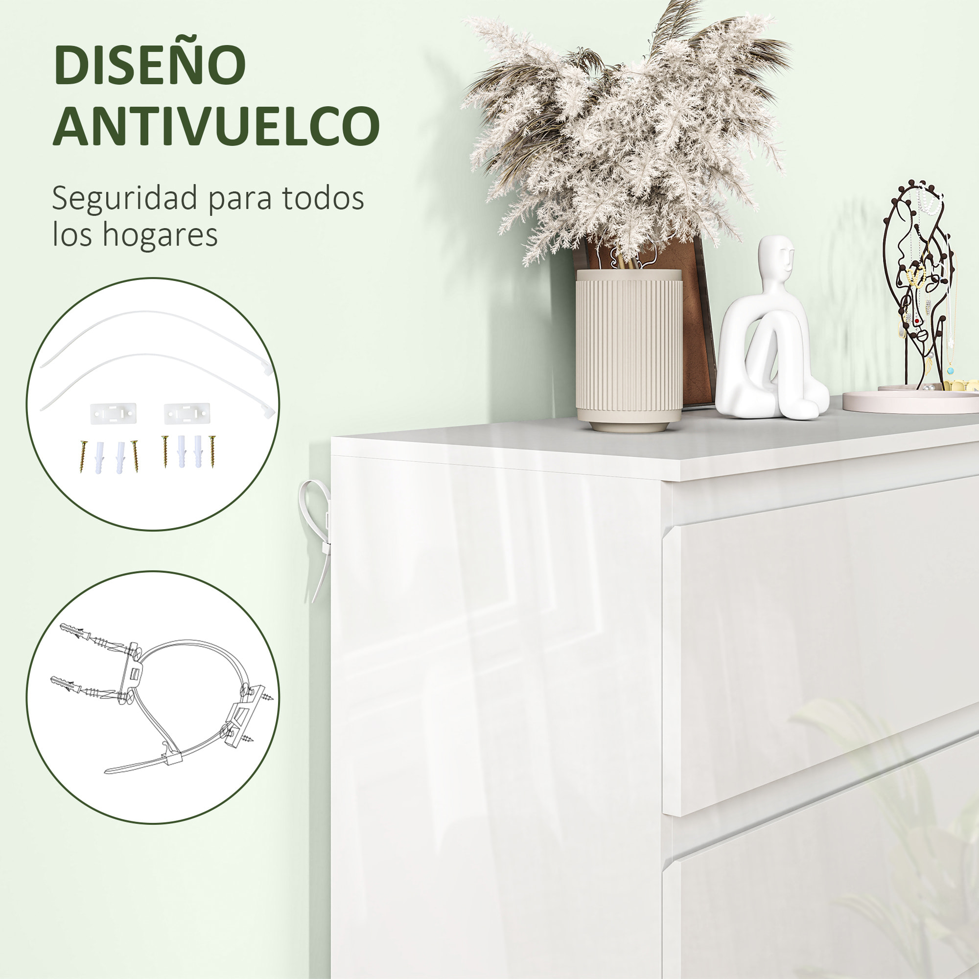 Cómoda con 6 Cajones Cómoda de Dormitorio Moderno con Diseño Anti-vuelco Cajonera para Salón Pasillo 112x34x75 cm Blanco Brillo