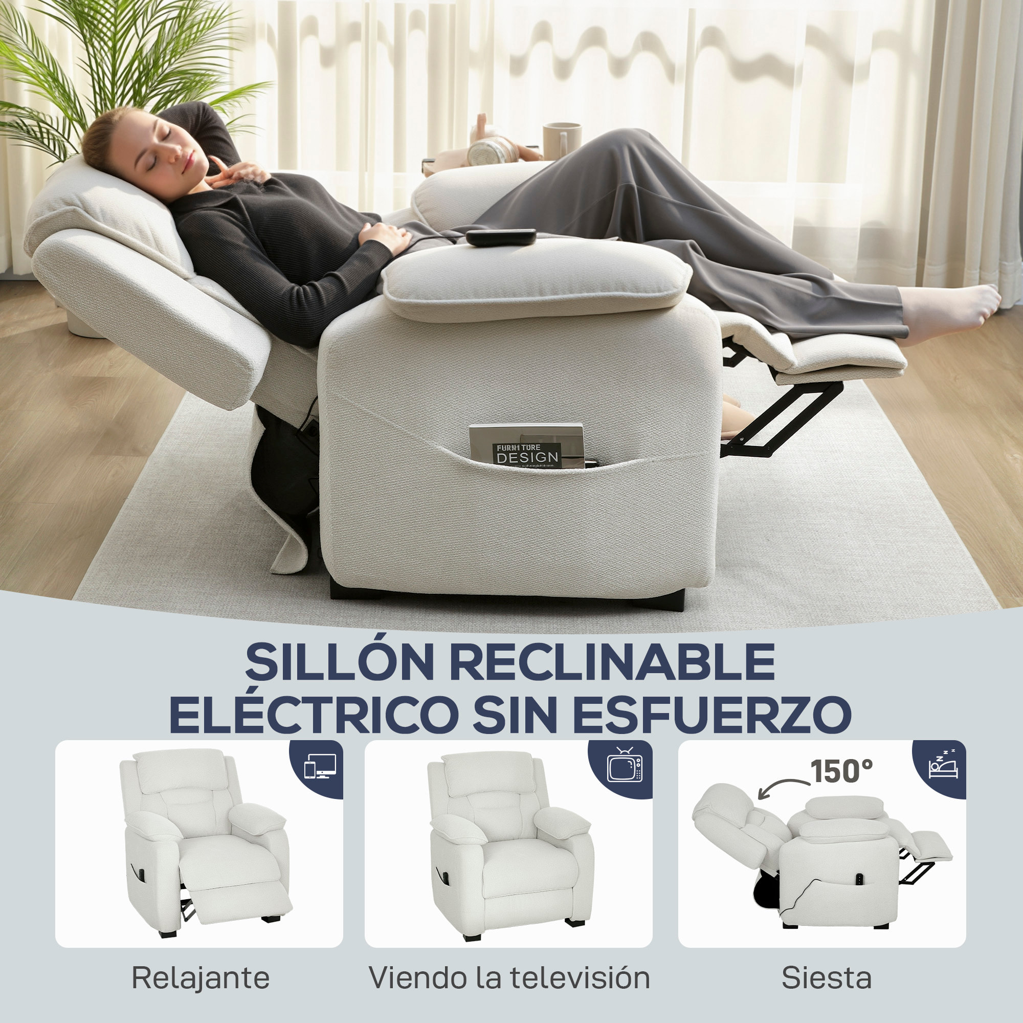 Sillón Relax Reclinable Eléctrico con Motor Silencioso, Sillón Reclinable de Terciopelo con Mando con 2 Posiciones de Memoria, Reposapiés, Reposacabezas, Puerto USB, Bolsillos, Blanco Crema