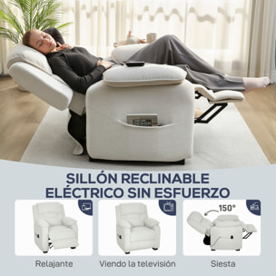 Sillón Relax Reclinable Eléctrico con Motor Silencioso, Sillón Reclinable de Terciopelo con Mando con 2 Posiciones de Memoria, Reposapiés, Reposacabezas, Puerto USB, Bolsillos, Blanco Crema
