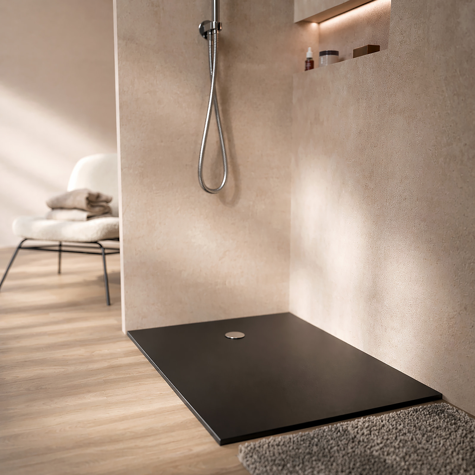 Receveur 120x90x2.6cm Extra-plat en Polybéton Noir Mat Effet Soft-touch - Redécoupable - NELSON