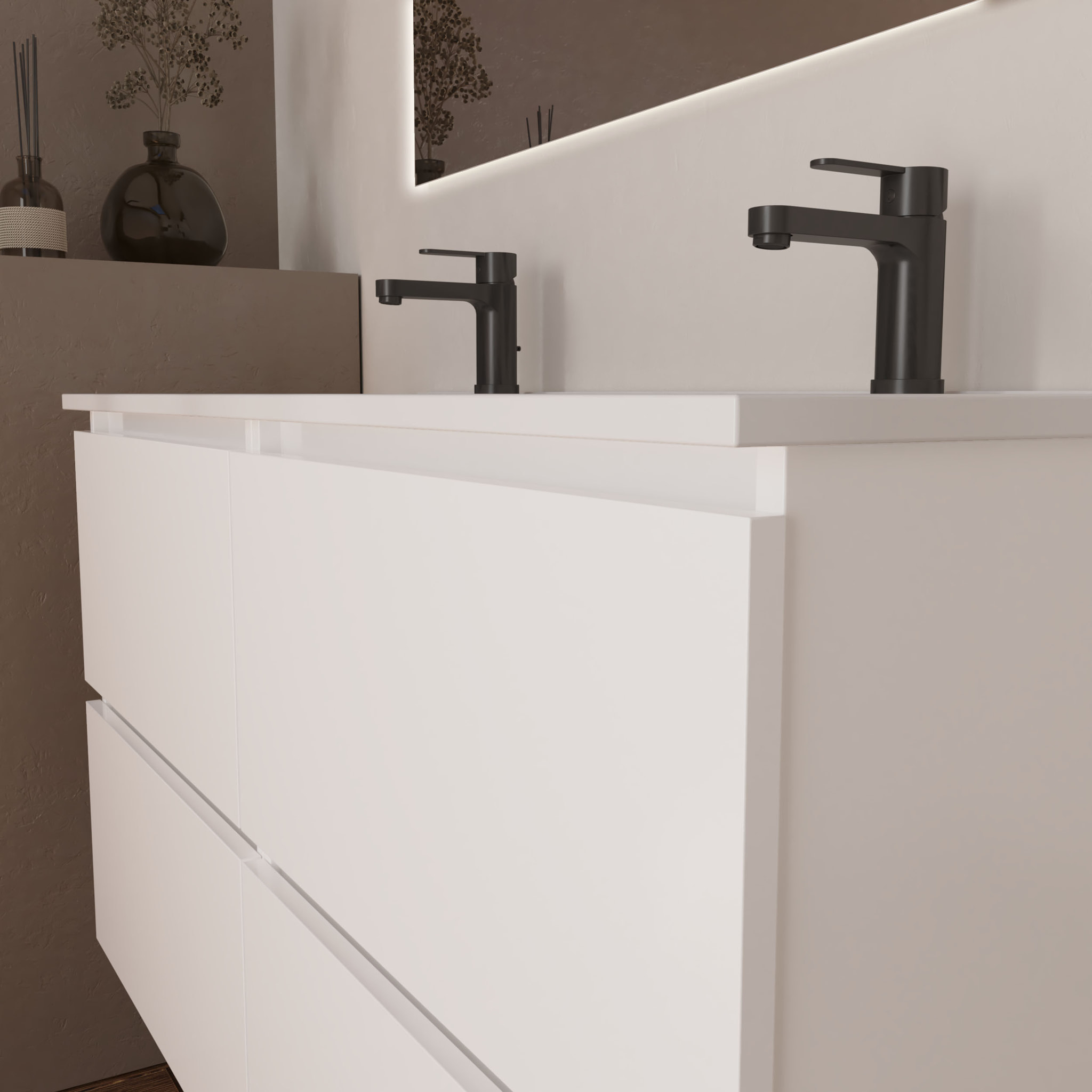 Conjunto de Baño Kaji | Mueble de Baño Suspendido | 120 cm Blanco| Cuatro Cajones | Lavabo Encastrado | No incluye Espejo | Alday