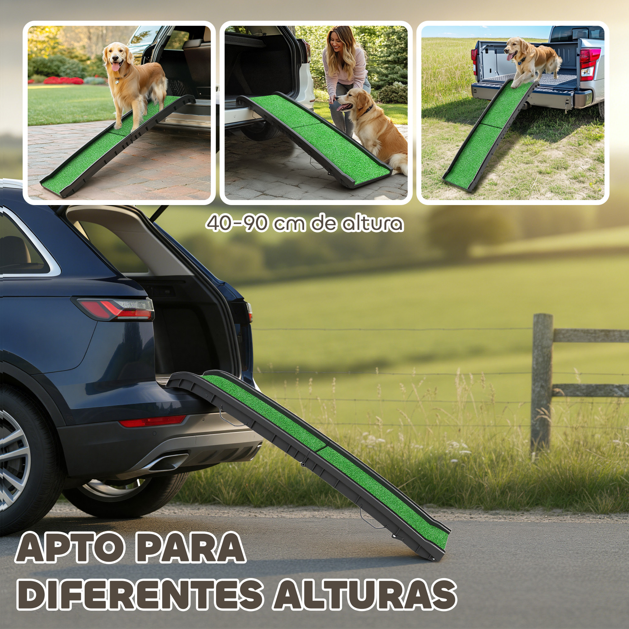 Rampa para Perros con Césped Artificial, 155 cm, Rampa para Perros para Coche Plegable con Asa, Ángulo Ajustable, Antideslizante, para Todas las Razas, para Cama, Sofá, Verde