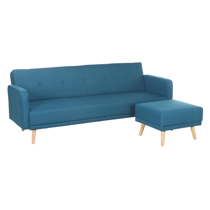 Canapé convertible scandinave 3 places avec repose-pieds en tissu bleu canard et bois clair ULLA