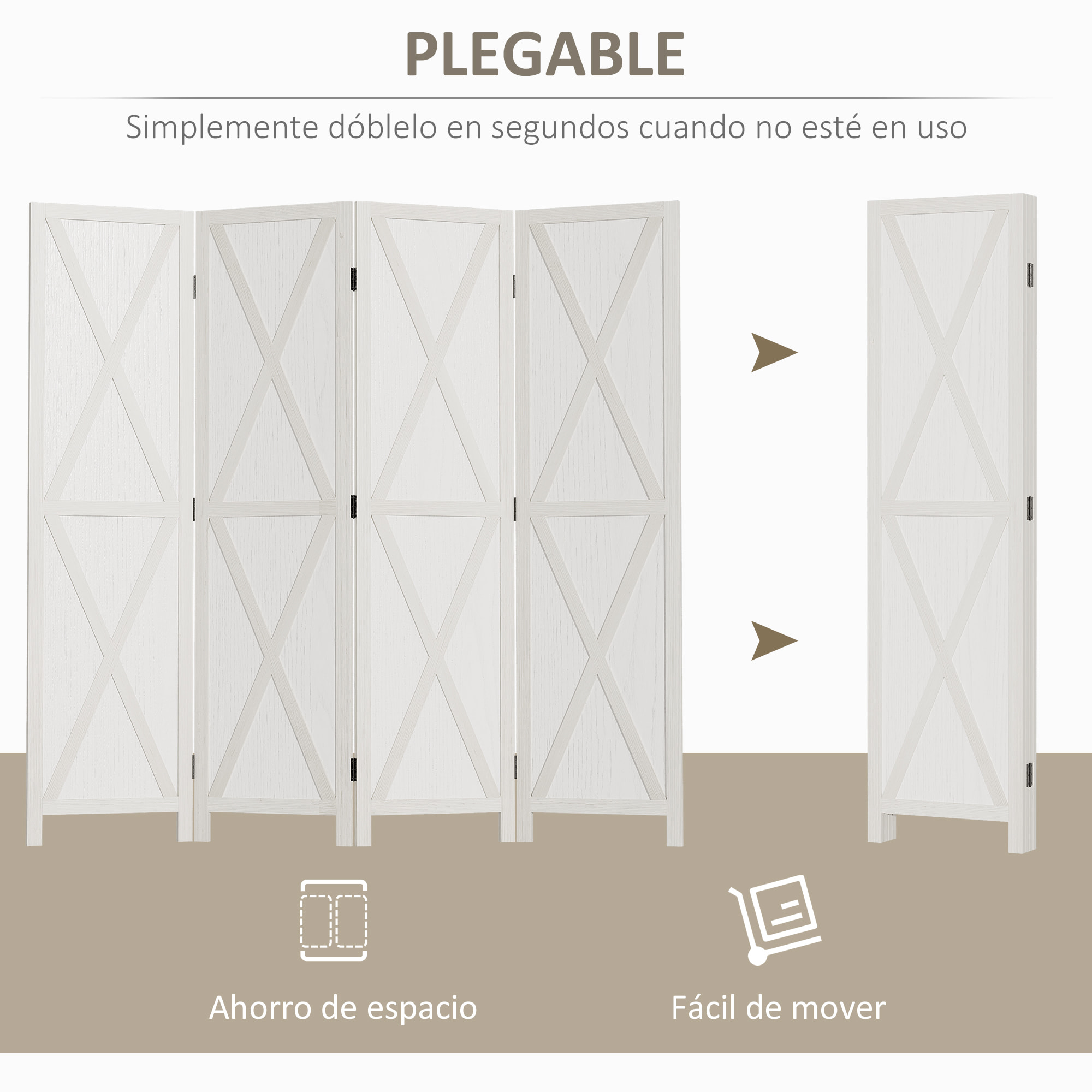 HOMCOM Biombo de 4 Paneles Separador de Ambientes Plegable 182x170 cm Divisor de Habitación de Madera Decoración Elegante para Dormitorio Salón Blanco