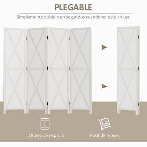HOMCOM Biombo de 4 Paneles Separador de Ambientes Plegable 182x170 cm Divisor de Habitación de Madera Decoración Elegante para Dormitorio Salón Blanco