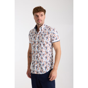Camicia Uomo Manica Corta 2 Bottoni Button Down 7 Botto Popeline Stretch Stampato Bianco\Blu Inchiostro