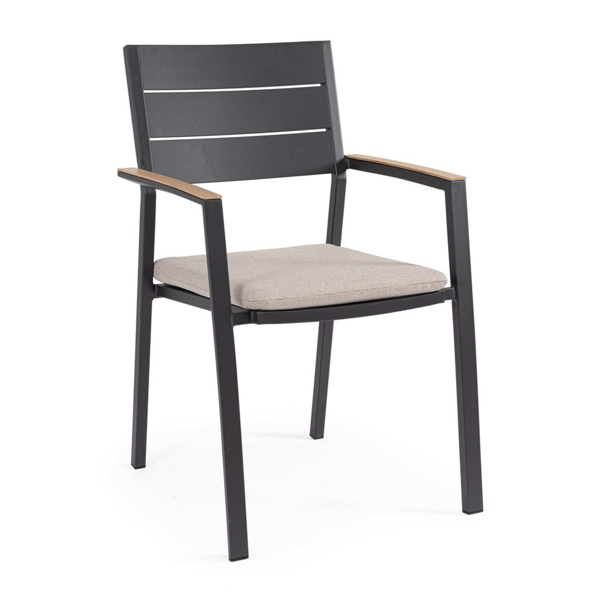 Set 4 sedie da giardino ZELMAR con cuscino tortora, braccioli effetto legno e struttura in alluminio antracite
