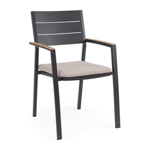 Set 4 sedie da giardino ZELMAR con cuscino tortora, braccioli effetto legno e struttura in alluminio antracite