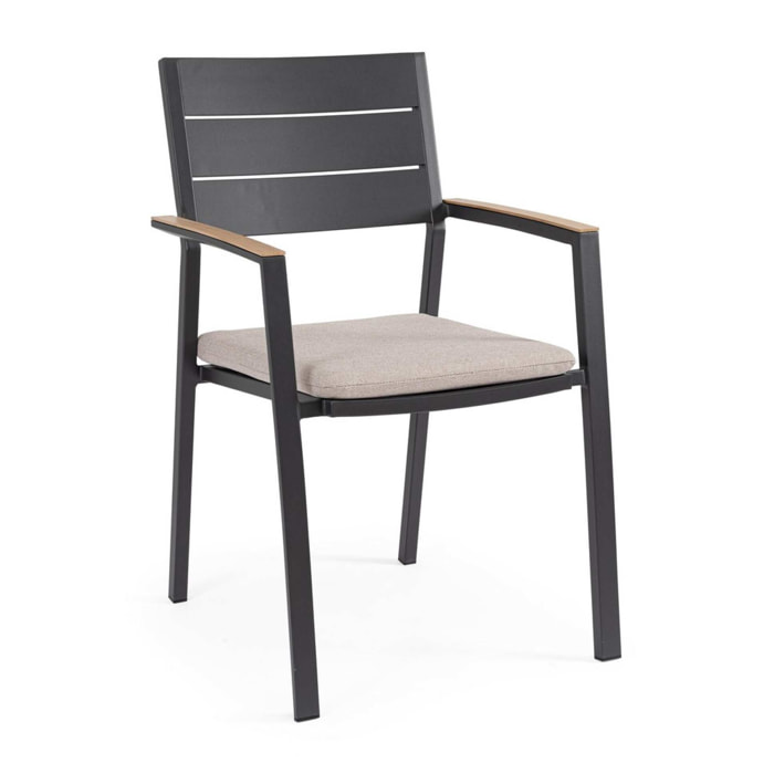 Set 4 sedie da giardino ZELMAR con cuscino tortora, braccioli effetto legno e struttura in alluminio antracite