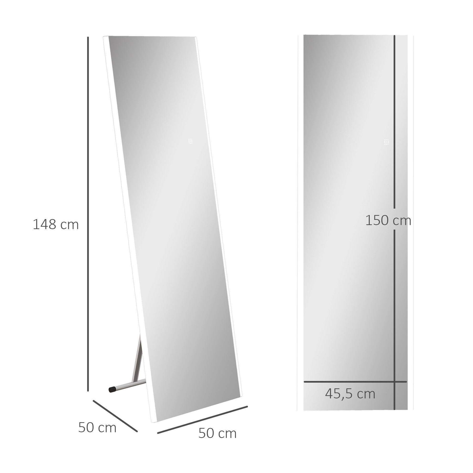 Miroir sur pied ou mural rectangulaire grande taille LED tactile dim. 50L x 50l x 148H cm verre métal blanc