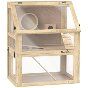 Cage rongeur hamster en bois dim.60x40x75cm 3 niveaux rampes roue bascule cabane naturel