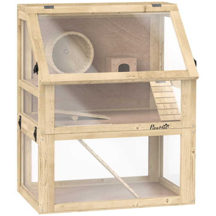 Cage rongeur hamster en bois dim.60x40x75cm 3 niveaux rampes roue bascule cabane naturel