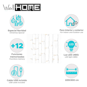 luz de cortina con 480 luces led blancas cálidas con controlador 225x300cm