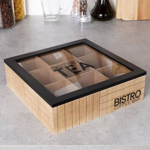 Well home caja de té de 9 compartimentos con tapa de vidrio color negro