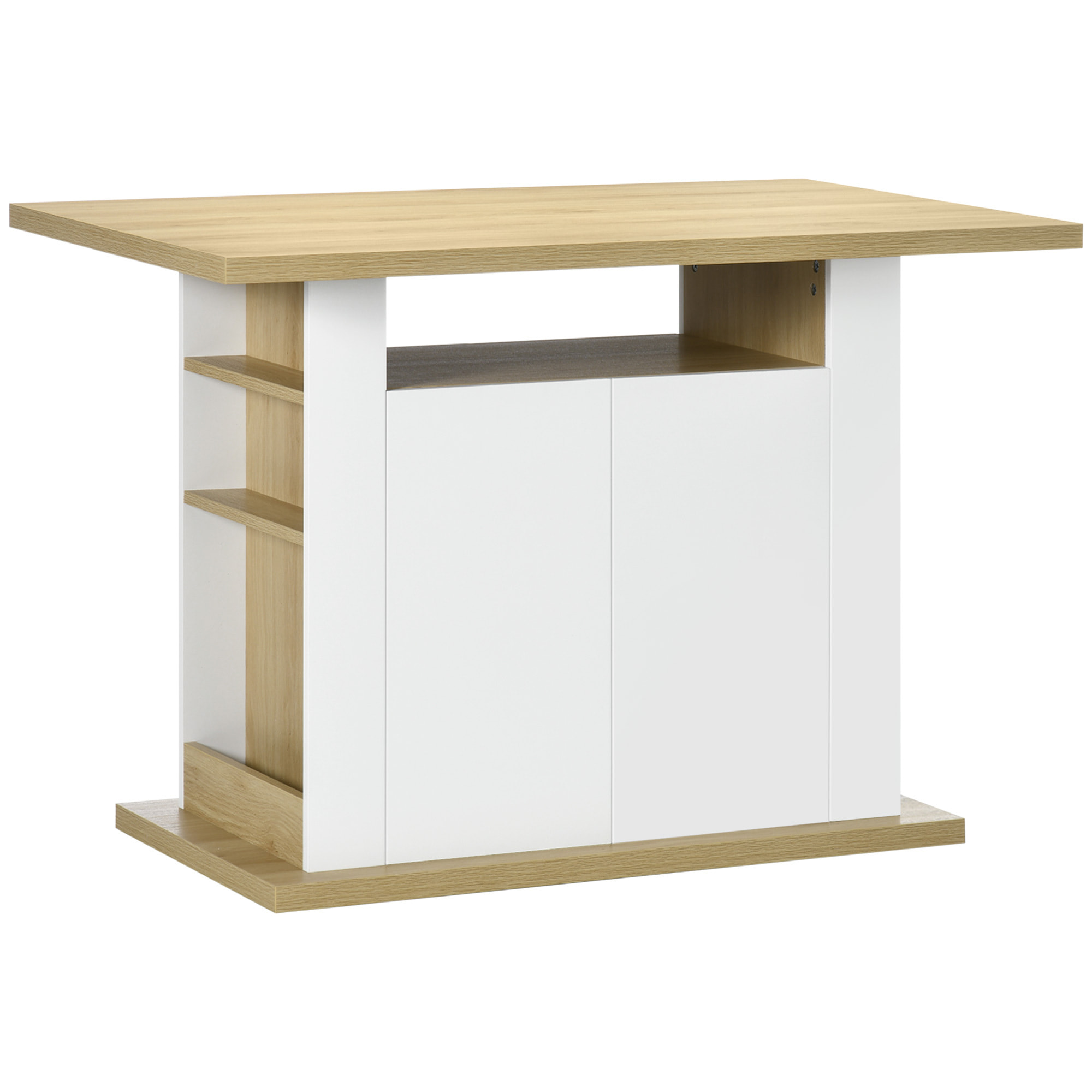 Isla de Cocina, para 4-6 Personas, Mueble de Cocina con 4 Puertas, Compartimentos Abiertos, Estante Ajustable, 110x70x75,5 cm, Roble y Blanco