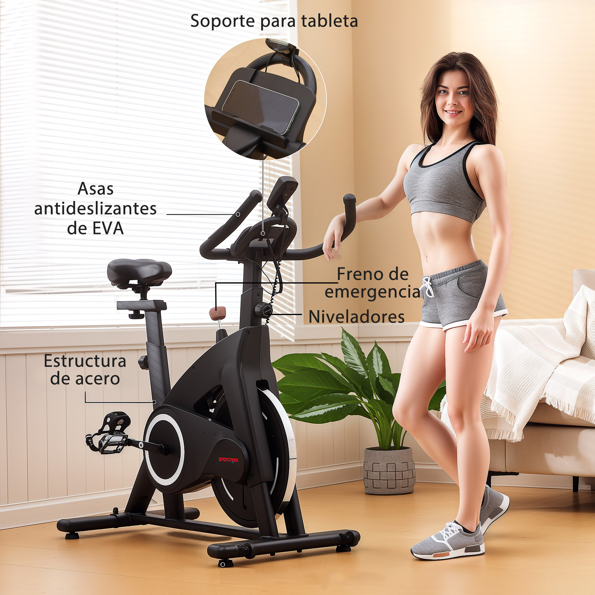 Bicicleta Estática Bici Estática con Volante de Inercia 15 kg Pantalla LED Pulsómetro Manillar Asiento Ajustable y Ruedas Carga 120 kg para Casa Gimnasio Negro