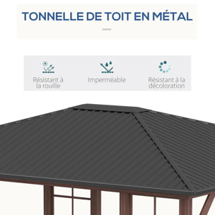 Pergola pavillon de jardin avec toit rigide imperméable - dim. 364L x 299l x 280H cm - métal aspect bois gris foncé