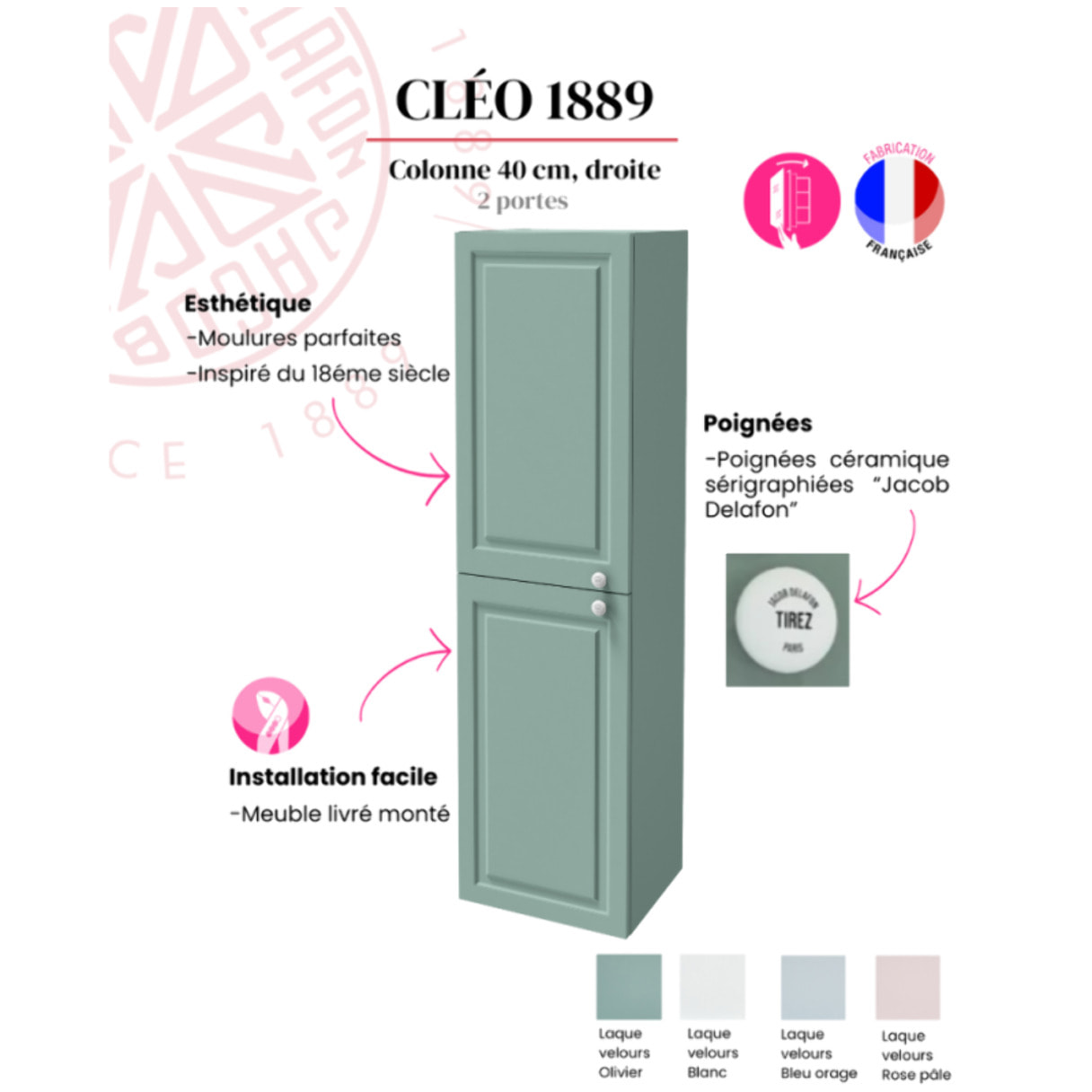 Colonne de salle de bain Cléo 1889 Vert olivier velours version droite