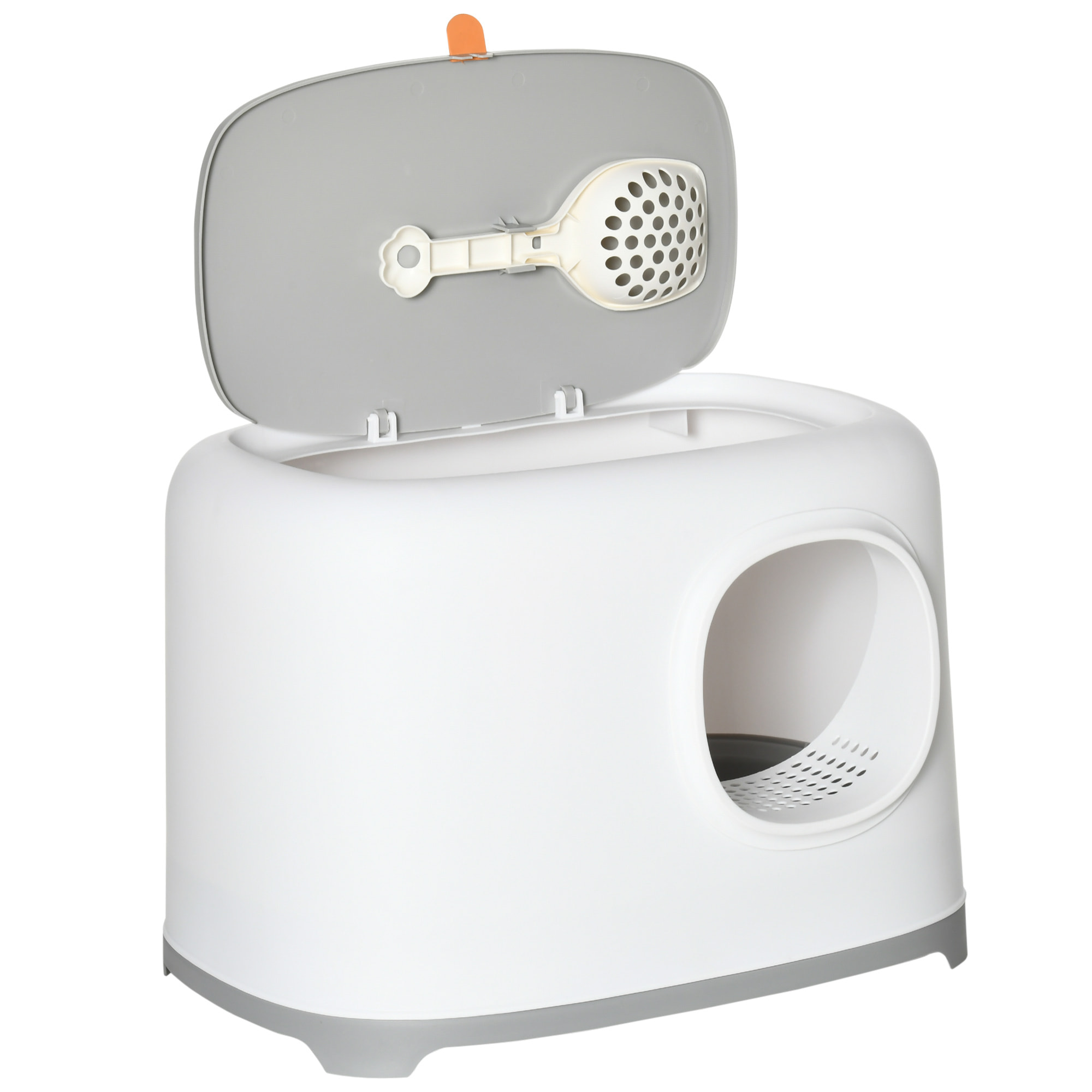 Maison de toilette litière pour chat - porte, couvercle ouvrant  - pelle incluse - blanc gris clair