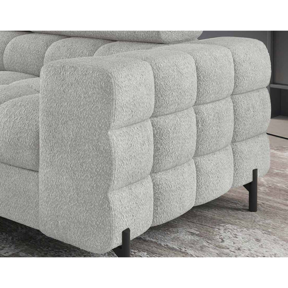 Elisa - canapé d'angle gauche 5 places convertible avec coffre et têtières réglables en tissu bouclette - Gris clair