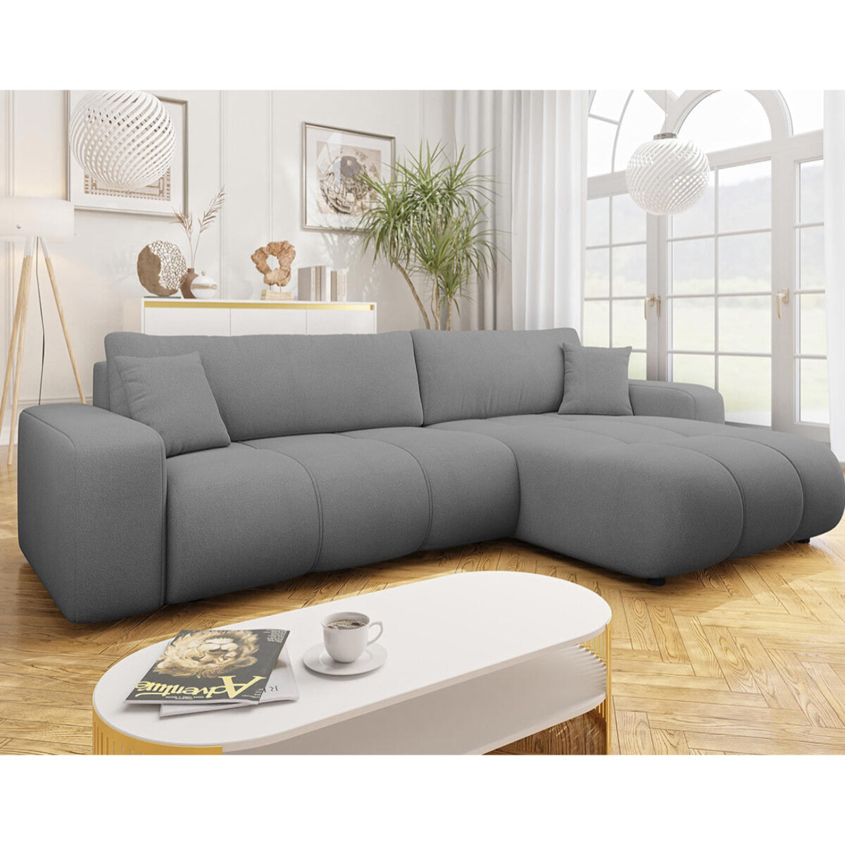 Nicole - Canapé d'angle réversible 5 places convertible avec coffre en tissu - Gris