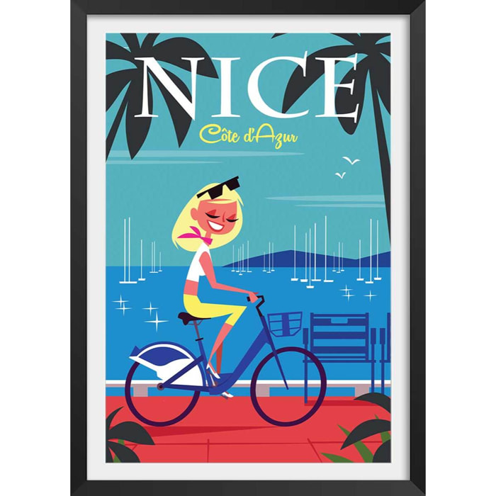 Affiche la Baie des Anges Affiche + cadre en bois - Noir