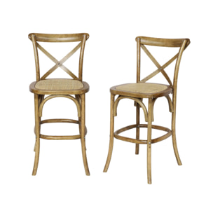 Lot de 2 tabourets de bar bistrot vintage en bois marron vieilli avec repose-pieds