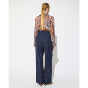 Pantaloni blu notte con gessatura dorata e fibbia personalizzata (m) in vita