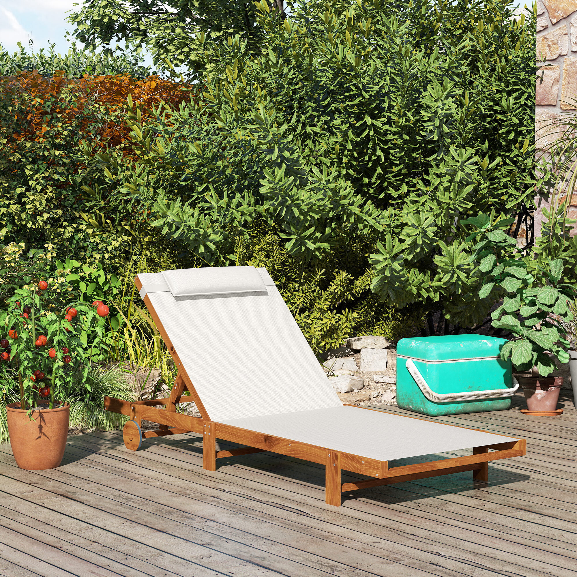 Bain de soleil style exotique bois avec 2 roues - inclinable, tétière - textilène blanc