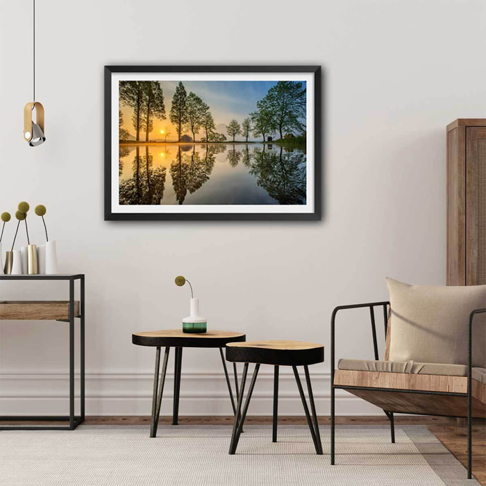 Affiche Reflet du Mont fuji Affiche + cadre en bois - Noir