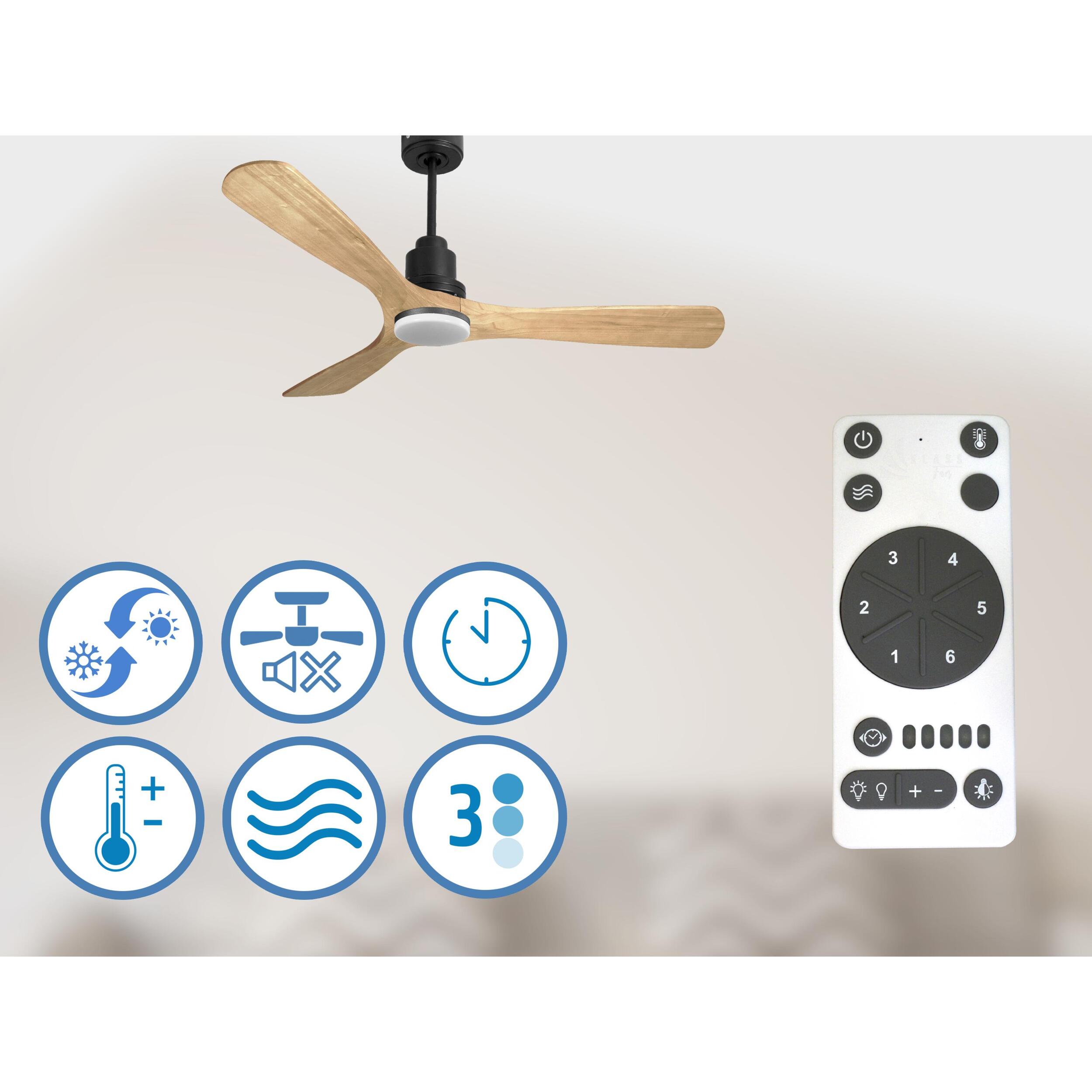 Ventilador de techo Reversible Termostato Dimable Wifi Motor DC Techos Inclinados Mando a Distancia Luz tres tonos Hypersilence Memoria ParosD132C04LED64639 PURLINE