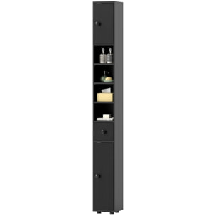Meuble colonne salle de bain 2 portes 2 étagères 4 niches tiroir poignées métal noir