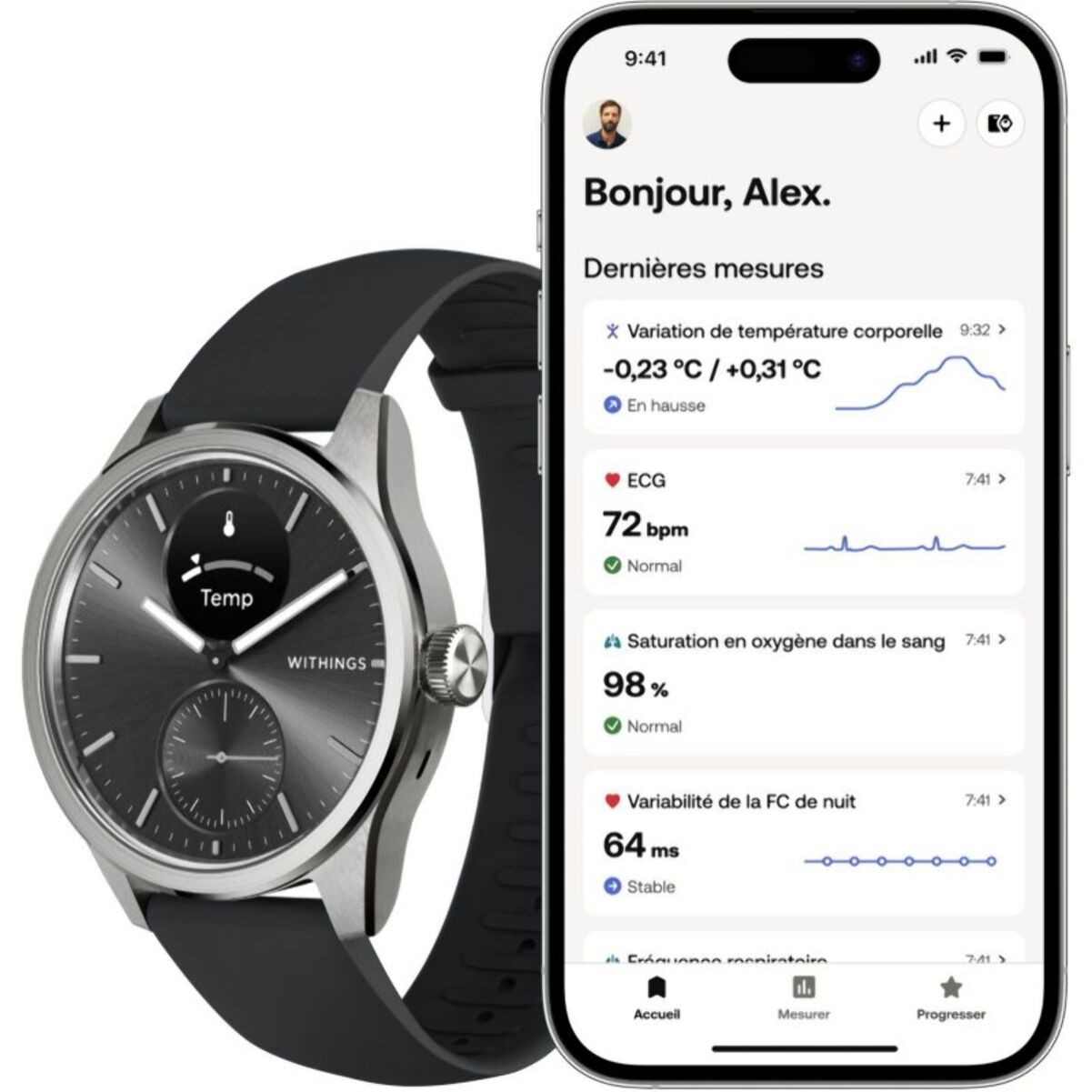 Montre santé WITHINGS Scanwatch 2 42mm Noire + bracelet Cuir offert