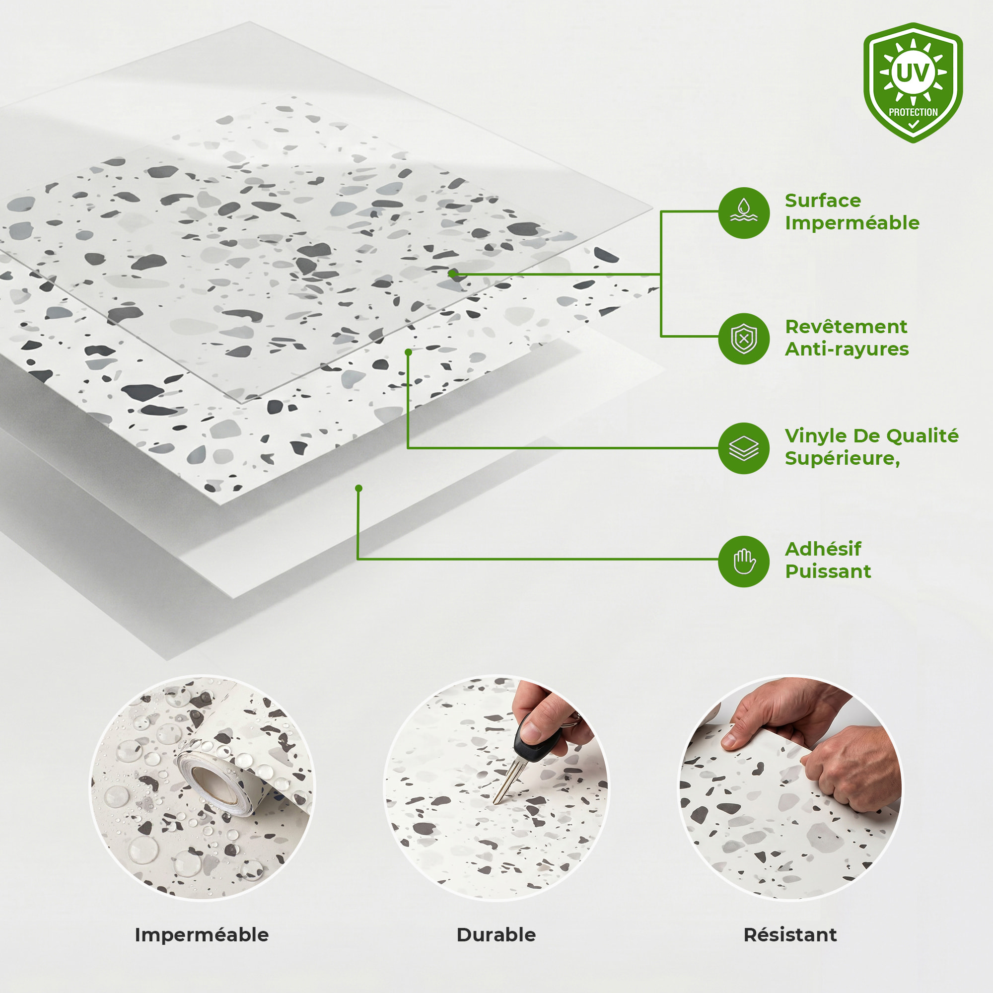 Rouleau adhésif sol terrazzo anti-dérapant étanche au mètre - Sticker Sol avec laminat de Protection en Plastique Anti-dérapant
