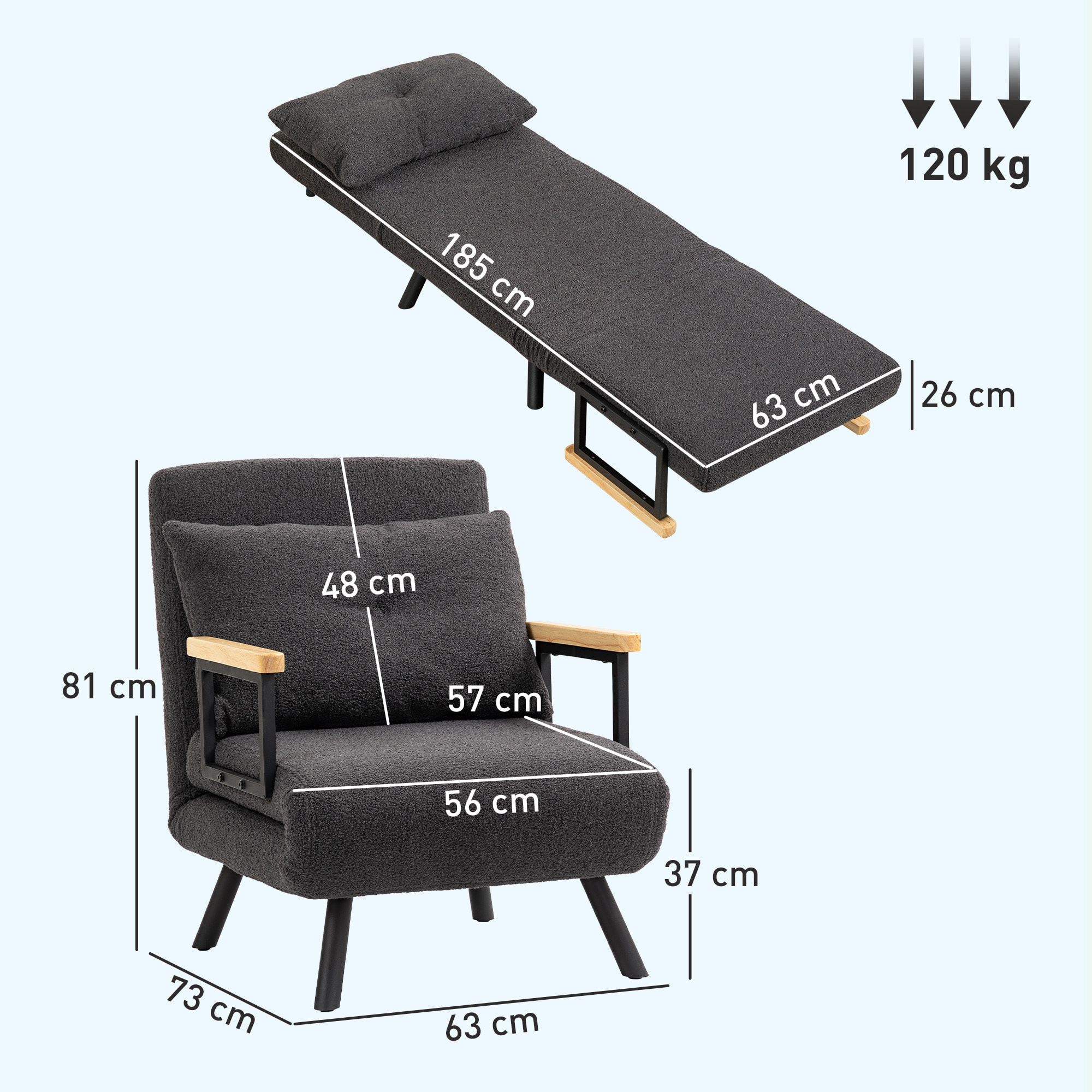 Sofá Cama de 1 Plaza Sofá Cama Plegable Tapizado en Borreguito con Respaldo Ajustable de 5 Niveles y Almohada Acolchada para Oficina Dormitorio Salón 63x73x81 cm Gris Oscuro